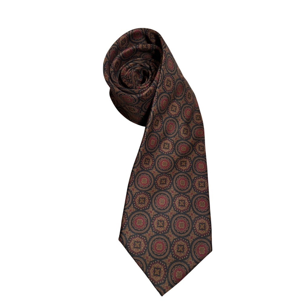 Brooks Brothers Makers Silk Tie Burgundy Gold Medallion Geometric Made in USA